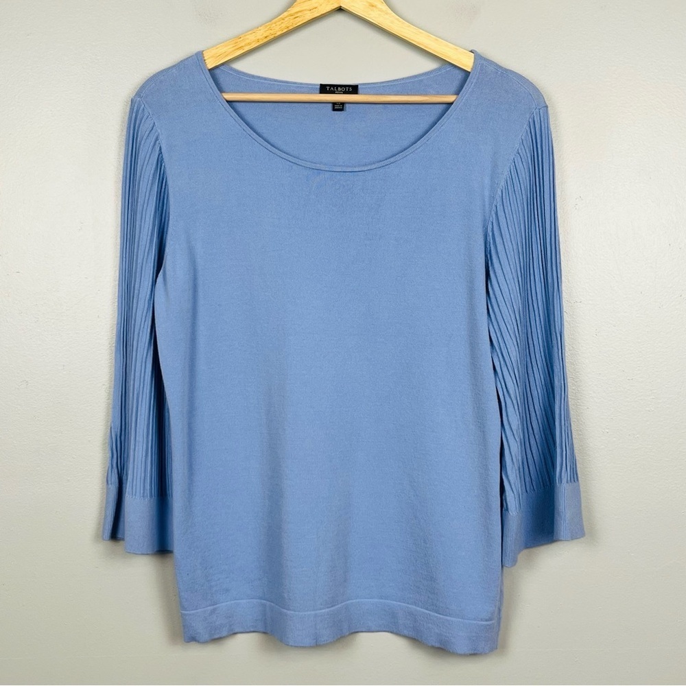 Talbots blue viscose blend ribbed bell 3/4 sleeve knit sweater, large petite.